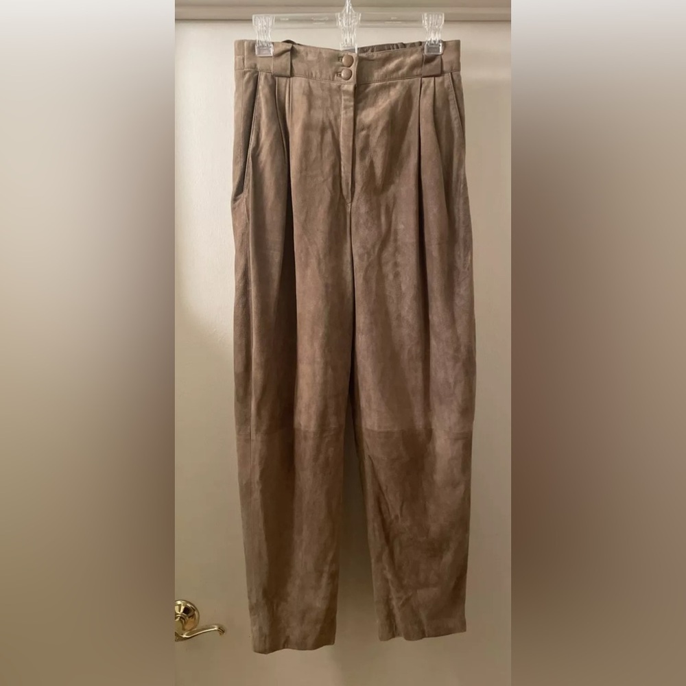 LOUIS FERAUD VINTAGE HIGH WAIST FRONT PLEAT 100% SUEDE TROUSER SIZE usa 10 brown